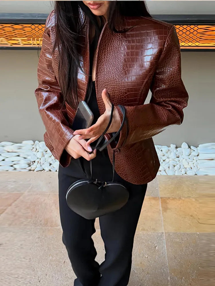 Faux Leather Jacket – Stand Collar Open Front – Slim Fit – Polyester | KIMLUD