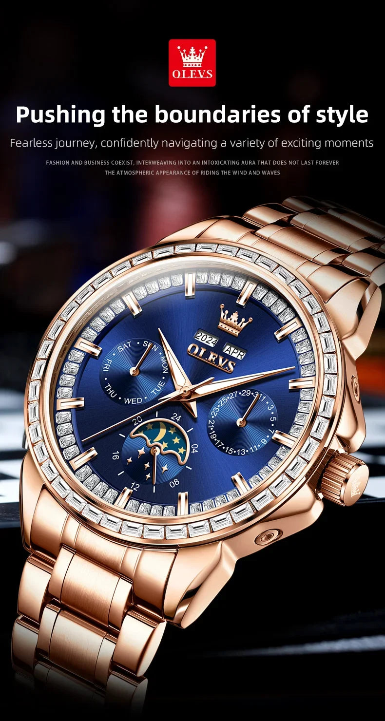 OLEVS 6695 NEW Men's Watches Full Multifunctional Dial Blue Leather Strap Calendar Week Moon Phase Waterproof Wristwatch