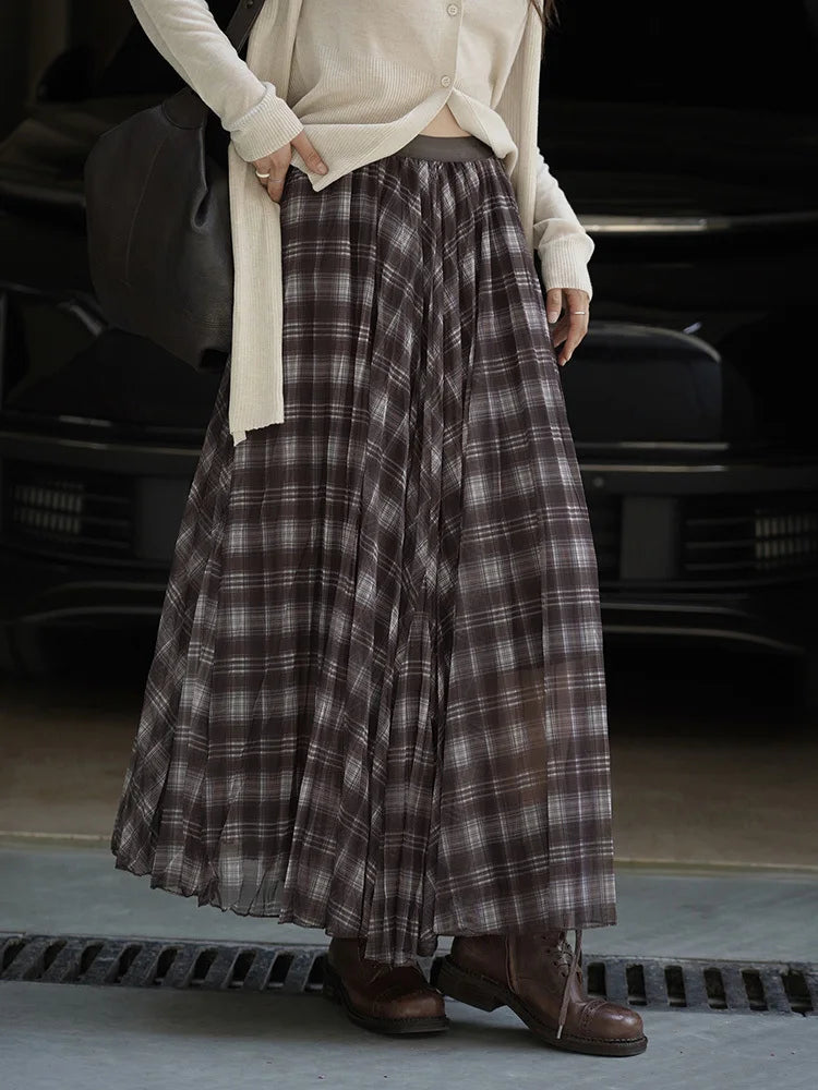 Skirt - High Elastic Waist - A-Line - Blue Coffee Plaid | KIMLUD
