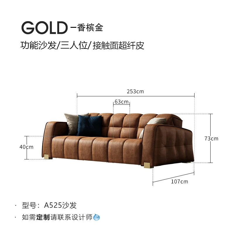 Leather Minimalist Sofa Bed Multifunctional Design Premium Italian Leather — Caramel | KIMLUD