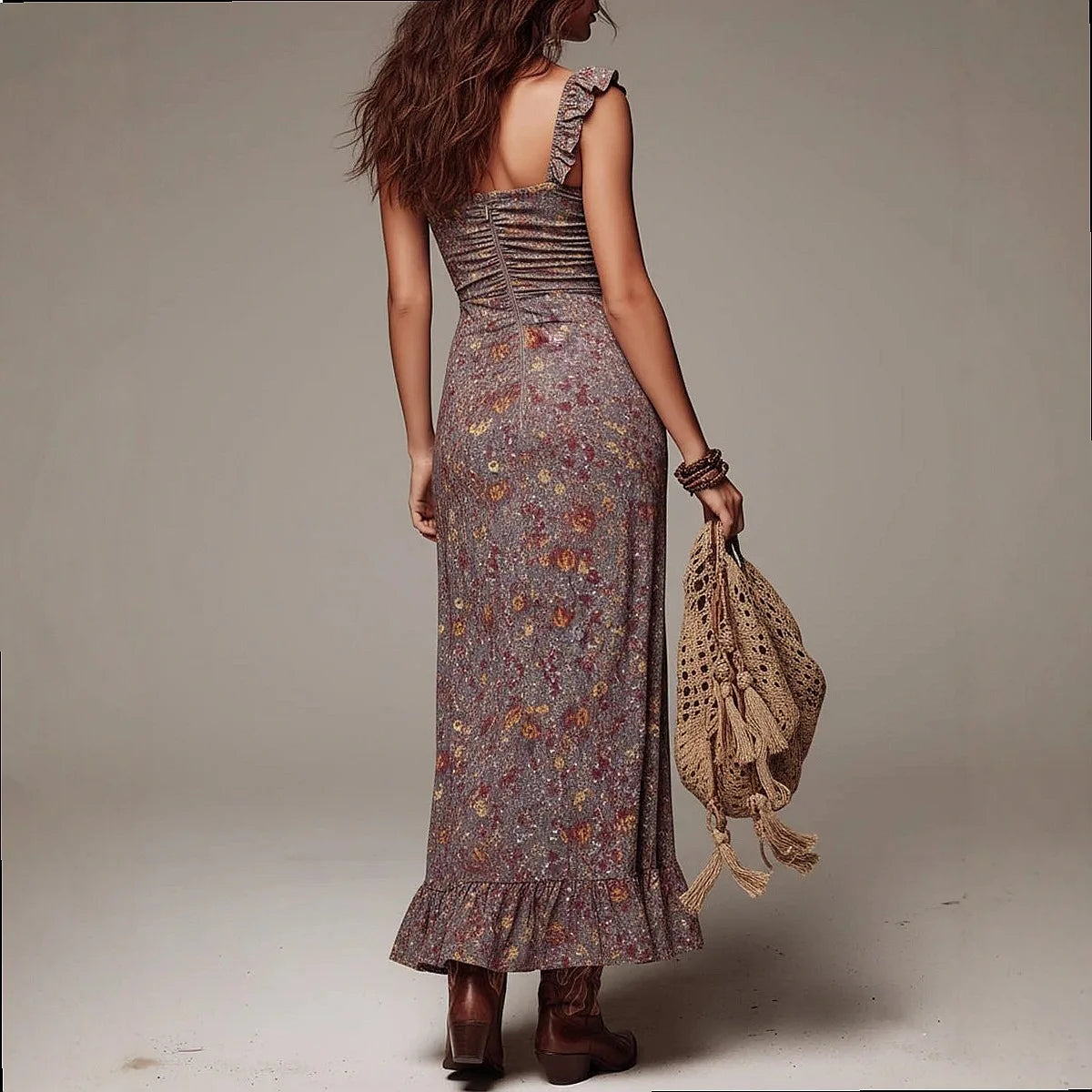 Retro Floral Wrap High Slit Bodycon Dress Boho Elastic Waist Long Dresses Spring Summer