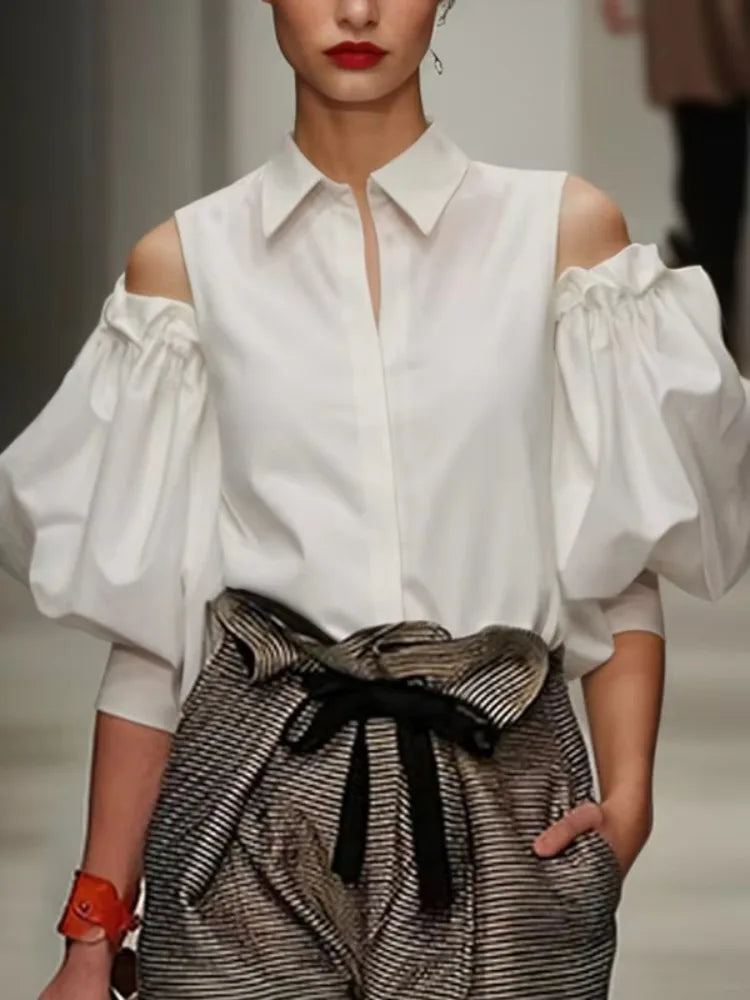 Blouse – Cold Shoulder Lapel – Puff Sleeve – Loose Fit | KIMLUD