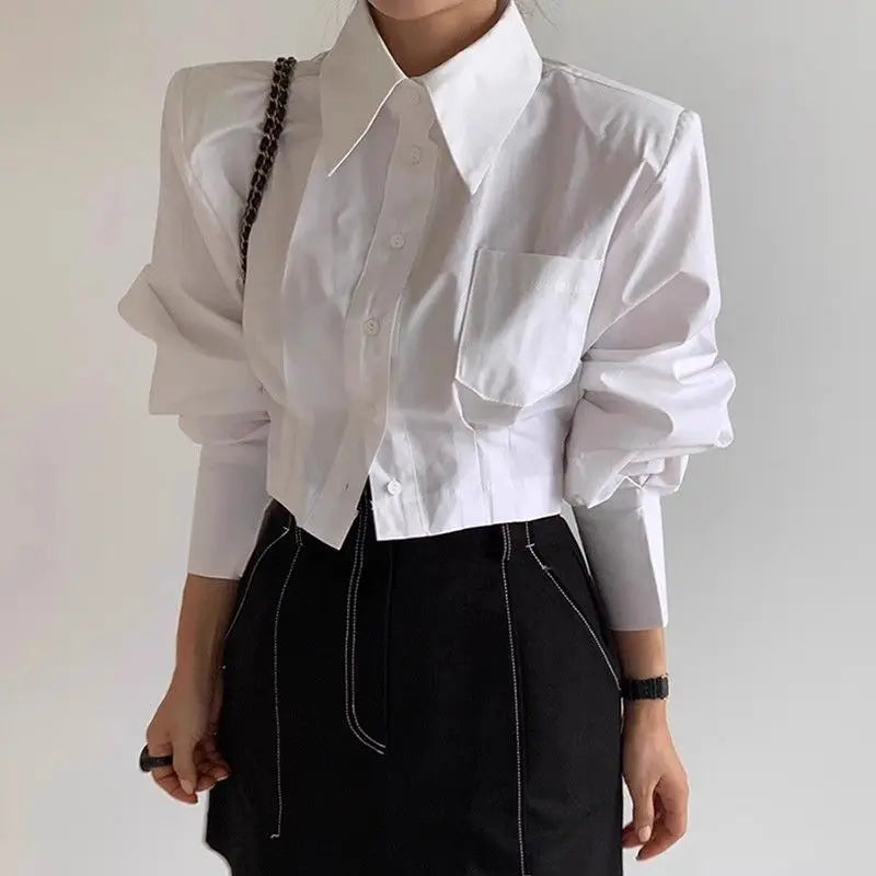 Polyester Blouse Turn-Down Collar Long Sleeve — White | KIMLUD