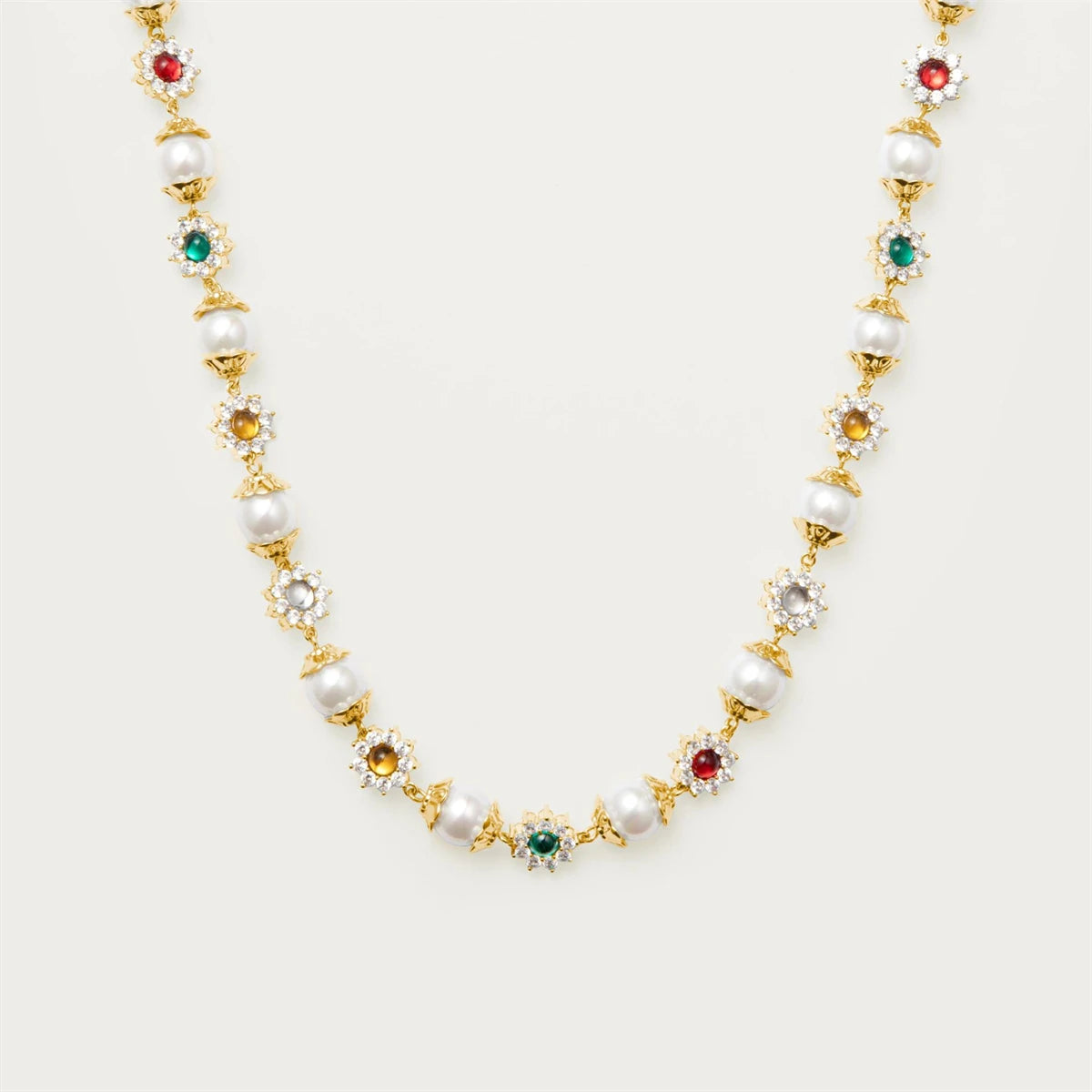 New INS hot selling pearl flower set with diamonds, colorful gemstones, niche fashion, versatile gold-plated necklace