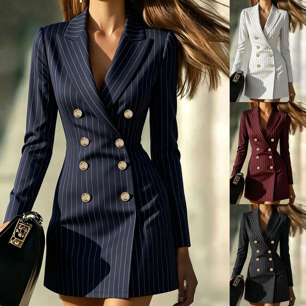 Blazer Dress Striped Double Breasted Polyester Slim Fit | KIMLUD
