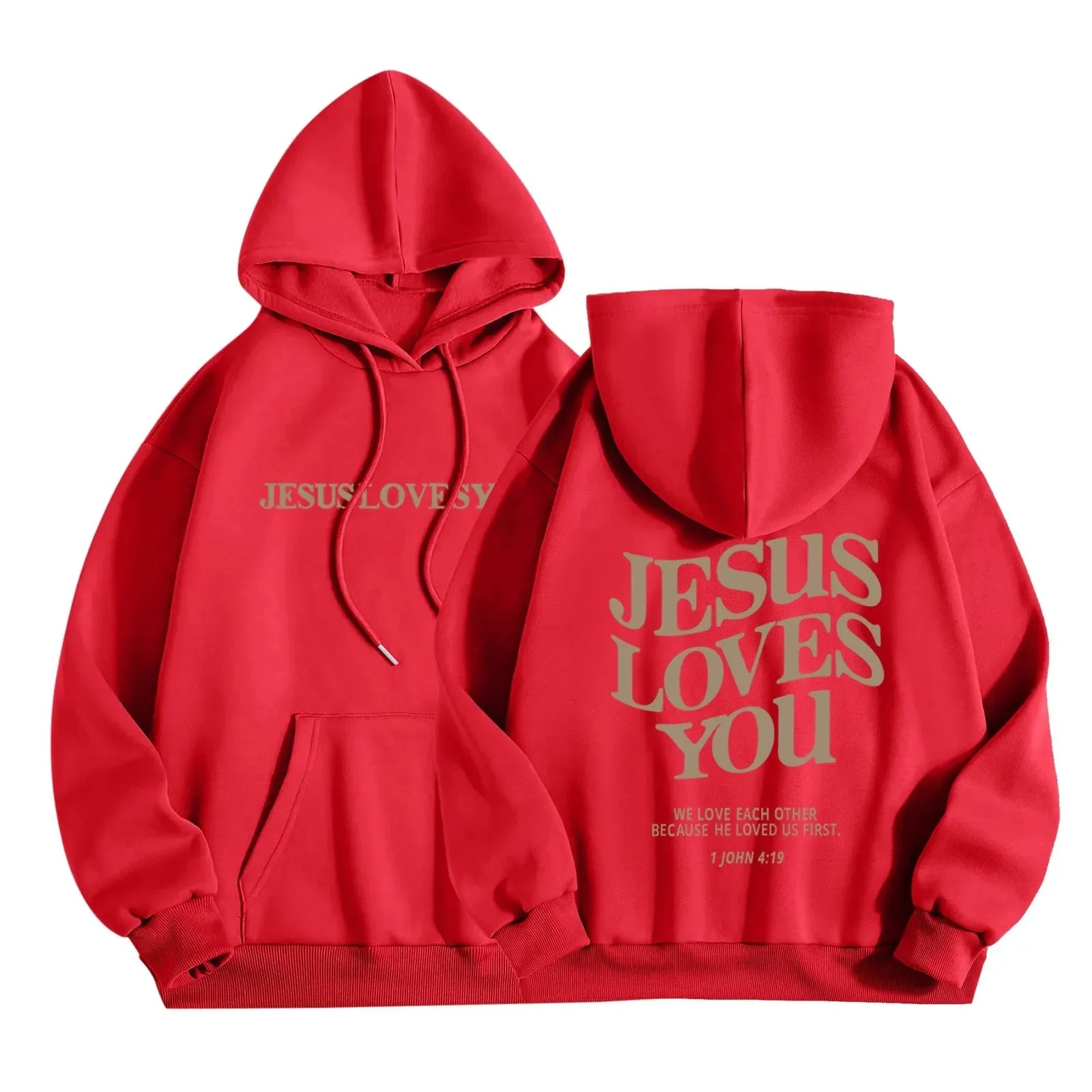 Pullover Hoodie - Jesus Loves You Print - Cotton-Polyester | KIMLUD
