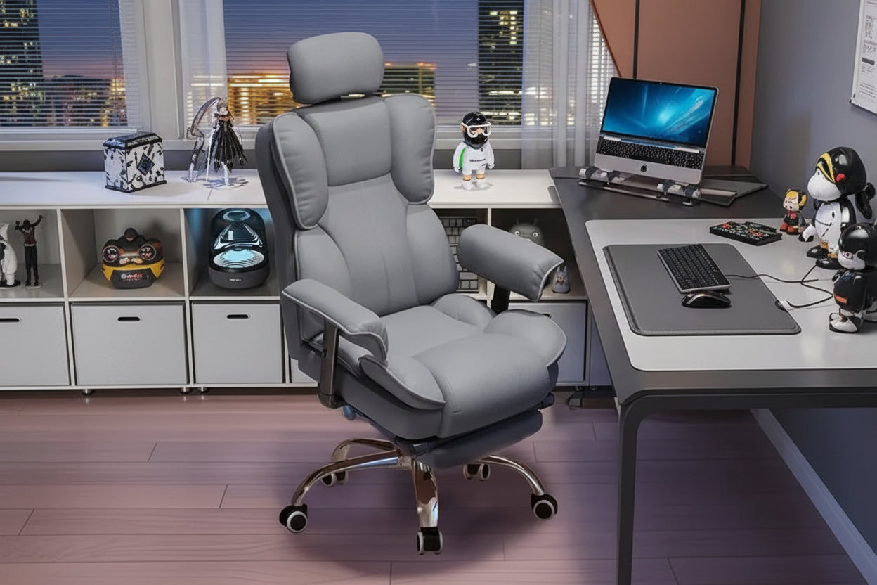 A gray padded office chair with a headrest, armrests, and a chrome rolling base, shown in a home office setting. Chinese text overlays highlight features like the adjustable armrests and light tech fabric.