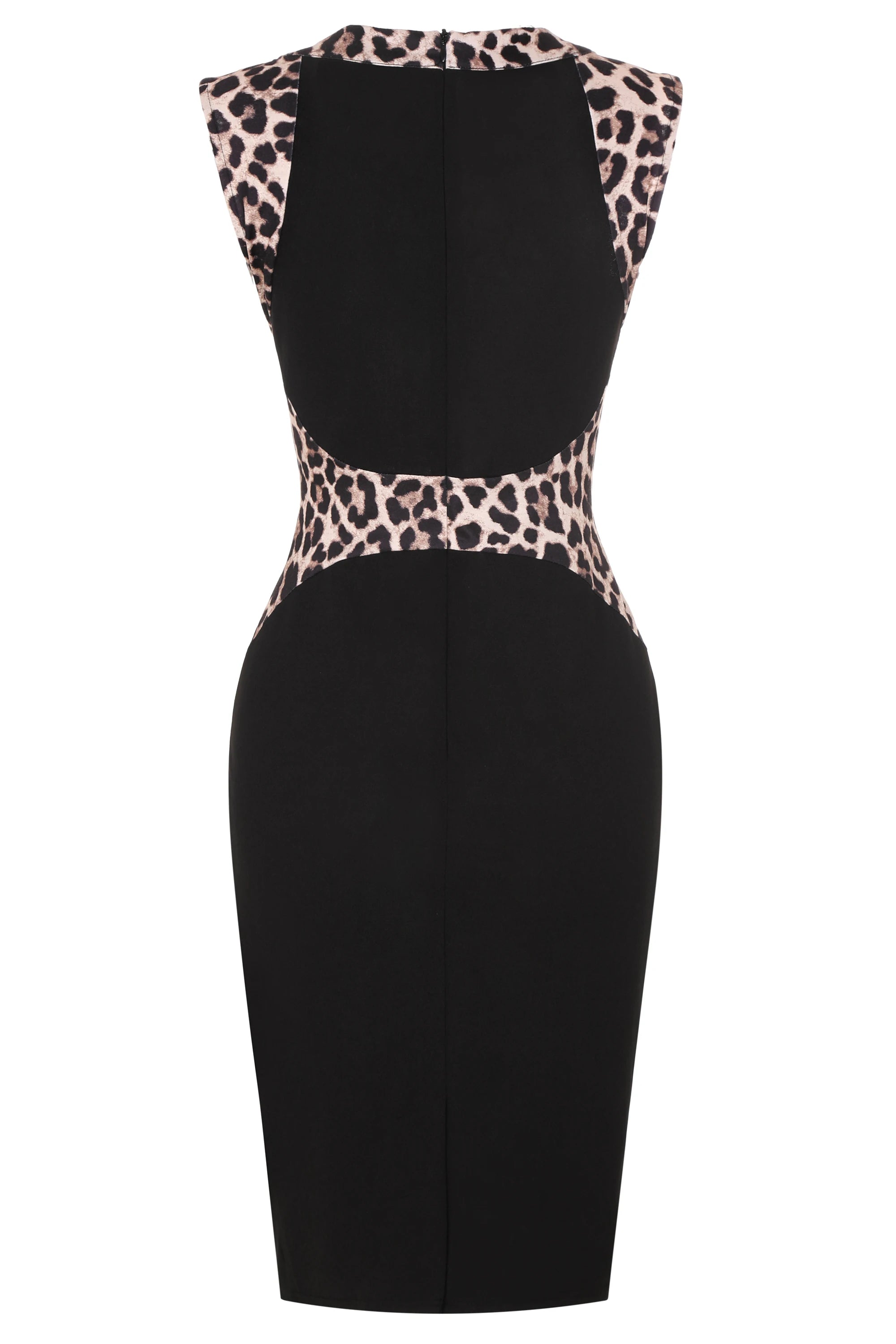 Womens Leopard Patchwork Crew Neck Sleeveless Cocktail Knee Length Business Casual Party Summer Pencil Bodycon Sheath Dress