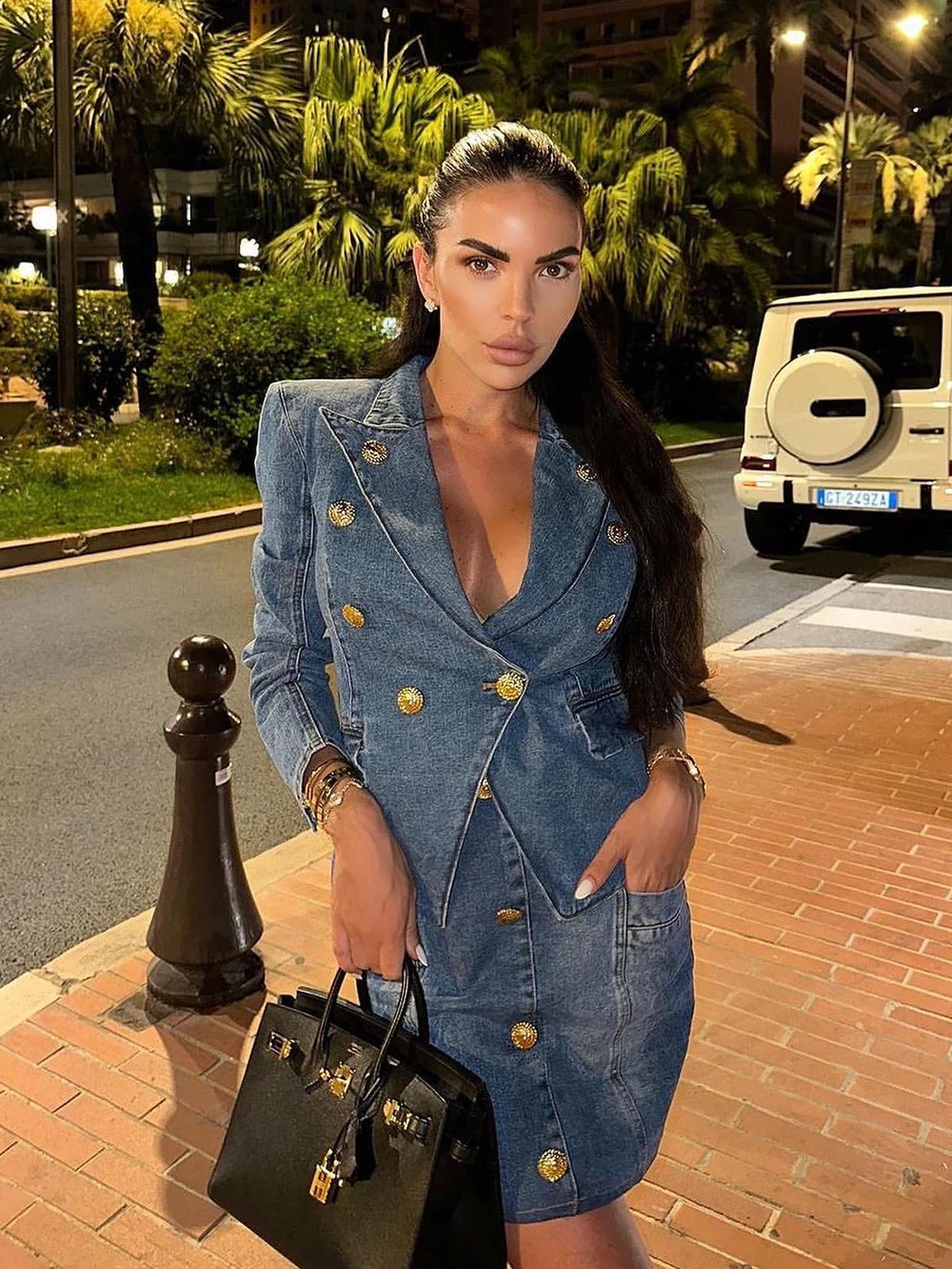 Modphy High Quality Women'S Double Breasted Slim Fit Denim Blazer Long Sleeve Jean Jacket High Waisted Pencil Mini Skirt Set