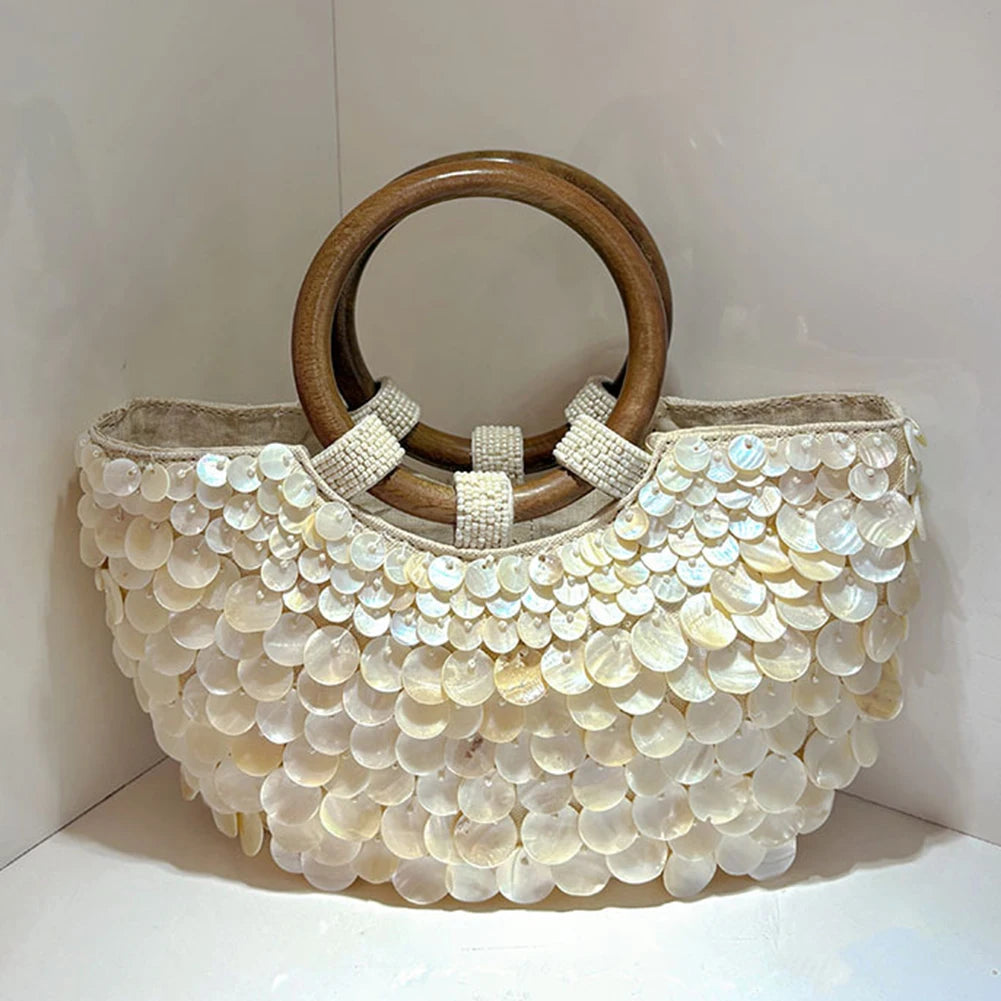 Shell Beaded Clutch Purse Handcrafted Beadwork Top Handle — Champagne Ivory | KIMLUD