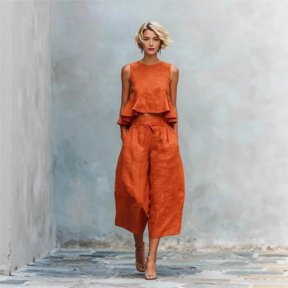 Linen Ruffled Vest Top Two-Piece Set — Ivory | KIMLUD