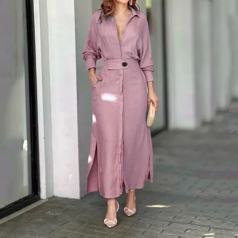Women Fashion Solid Casual Dress Long Sleeve Office Lady Straight Minimalist Autumn Spring Vintage Elegant Midi Dress with Belt