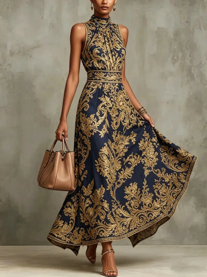 Maxi Dress – Baroque Print Halter Neck – Polyester A-Line | KIMLUD