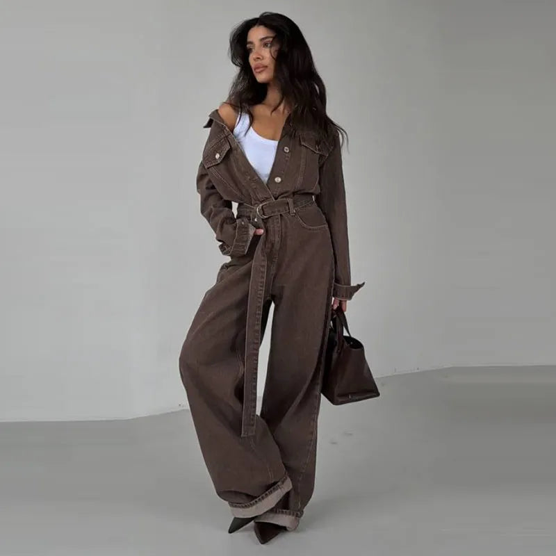 Denim-Inspired Jumpsuit Turn-Down Collar Lace-Up Full Sleeve Wide-Leg — Brown | KIMLUD