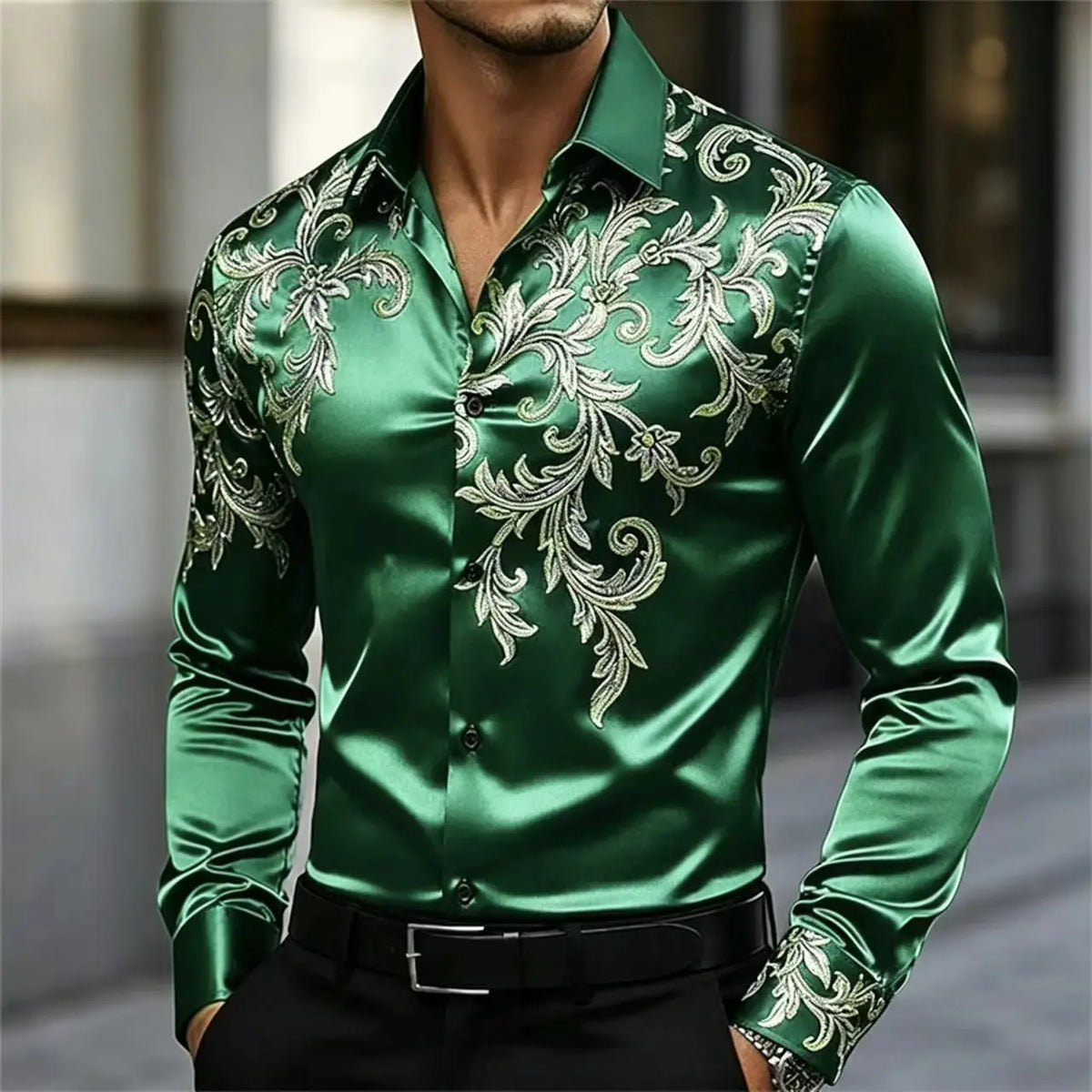 Men's Satin Paisley Print Shirt – Silk Polyester | KIMLUD