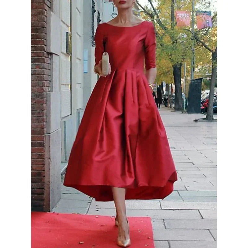 Women's Elegant Banquet Evening Midi Dresses 2025 New Spring Half Sleeves Pleated Solid Color Party A-Line Dress