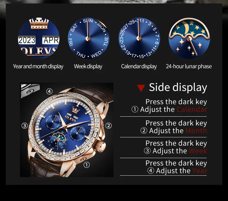 Moon Phase Leather Luxury Watch Diamond Bezel With Automatic Movement 41mm Case — Blue | KIMLUD