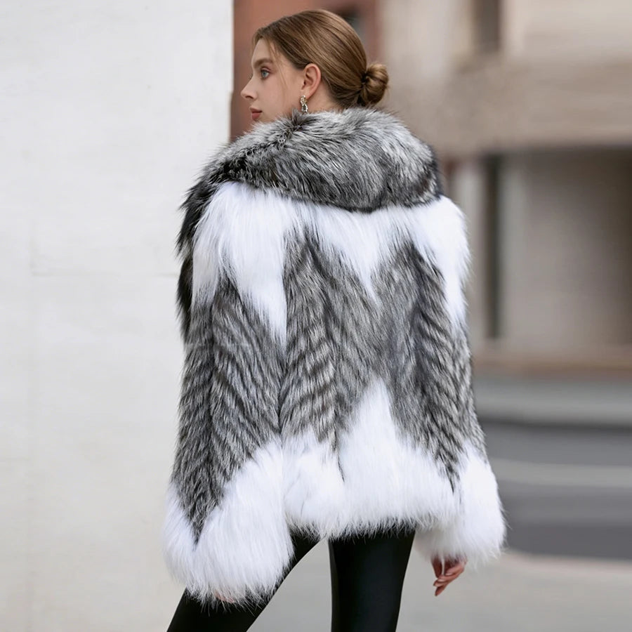 Fox Fur Jacket – Turn-Down Collar – Fox Fur – Silver | KIMLUD
