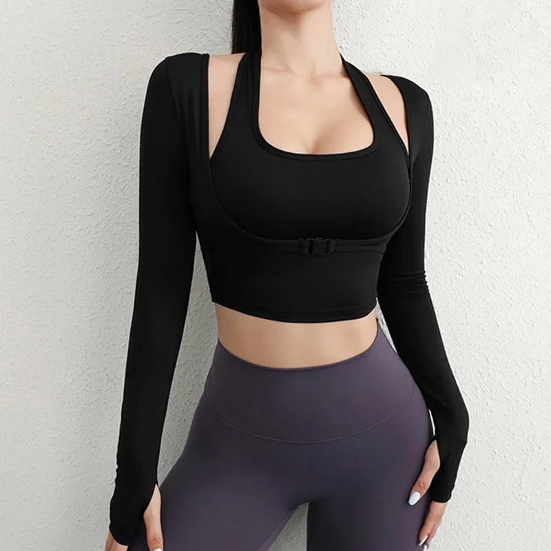 Yoga Shirt – Breathable – Long Sleeve Crop Top – Black | KIMLUD