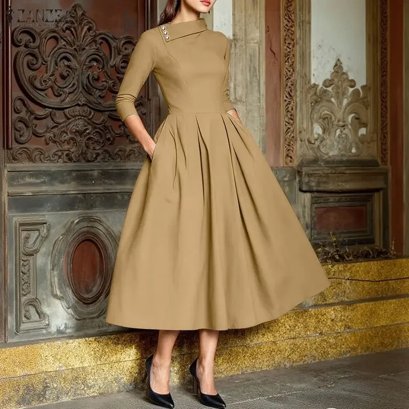 Women Vestidos ZANZEA Elegant Long Dresses 2026 Summer Spring Casual A-Line Fashion Buttons Lapel Solid Color Midi Sundress Robe