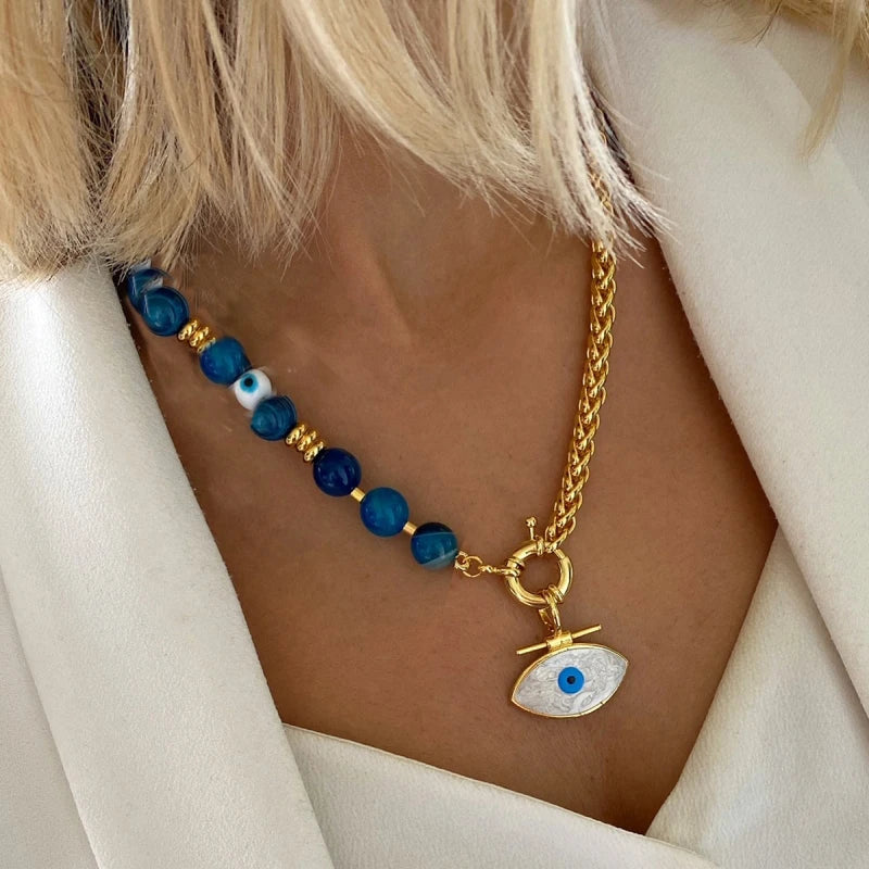 Handmade Lucite Beaded Pearl Choker Necklace — Blue | KIMLUD