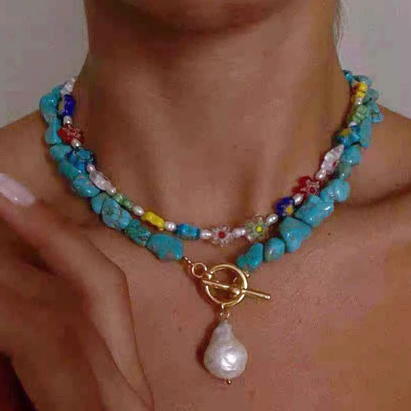 Handmade Lucite Beaded Pearl Choker Necklace — Blue | KIMLUD