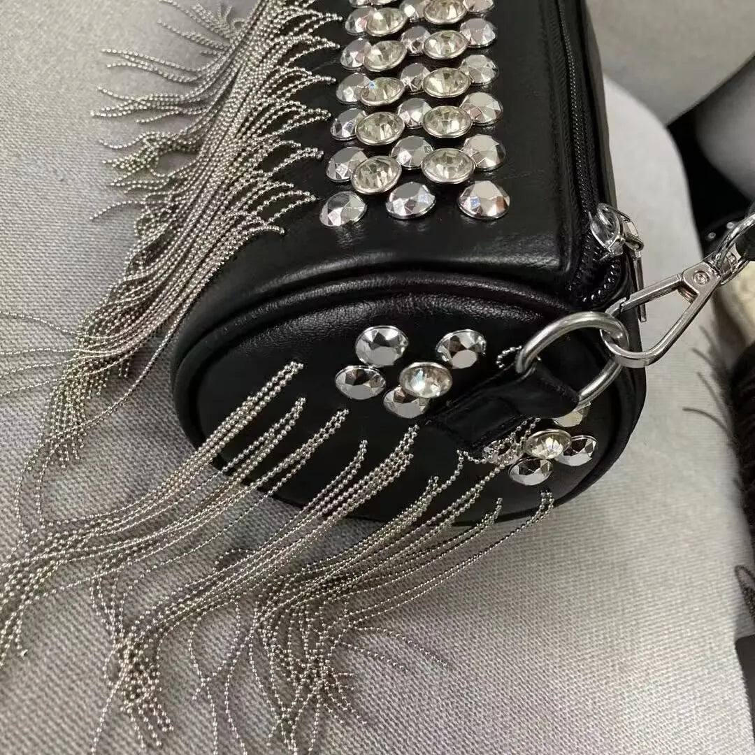 Handbag Mini Tassel Rivet Bucket Bag - Black | KIMLUD