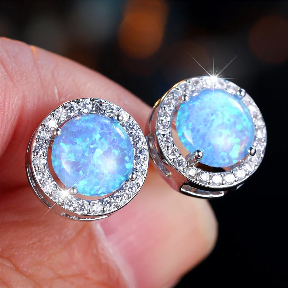 Crystal Opal Stud Earrings Round Stone — Silver | KIMLUD