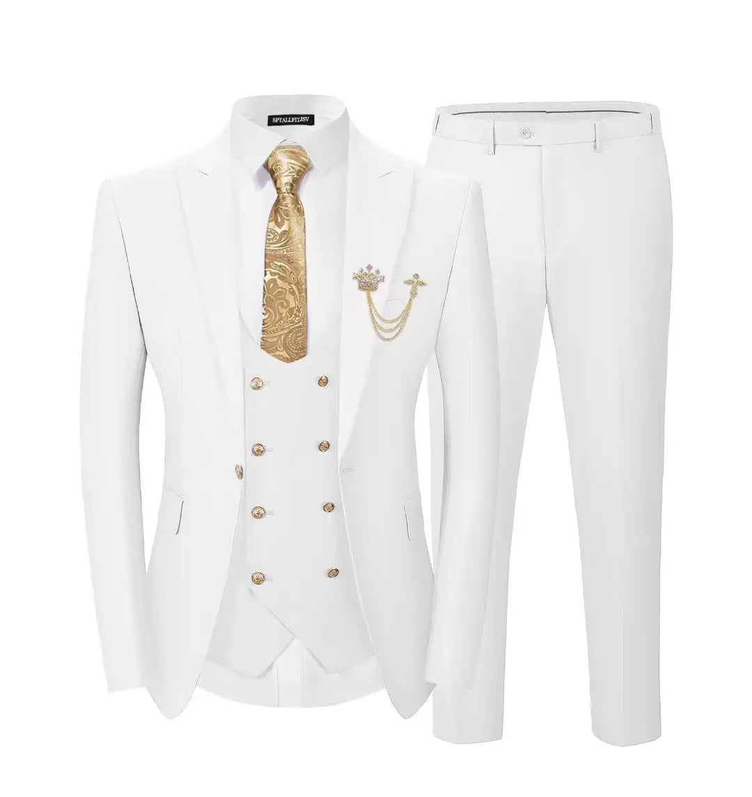 Men's 3-Piece Suit Set Classic One Gold Button Slim Fit Blazer Vest Pants Formal Business Wedding Wear