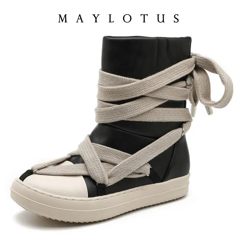 Mid Calf Boots – Platform Cross Tie – PU Upper – EVA Sole | KIMLUD