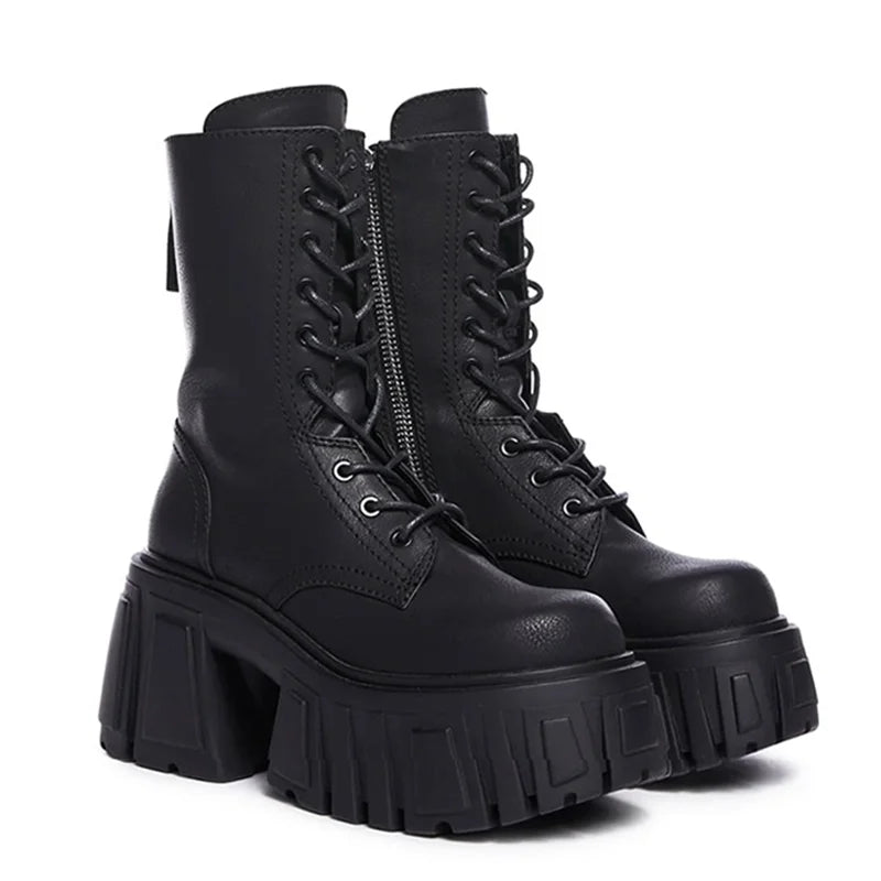 Women Punk Boots 8cm Platform Classic Versatile Design Shoes Leather Cool Boot Chunky High Quality Lace Up Casual Outdoor Shoes