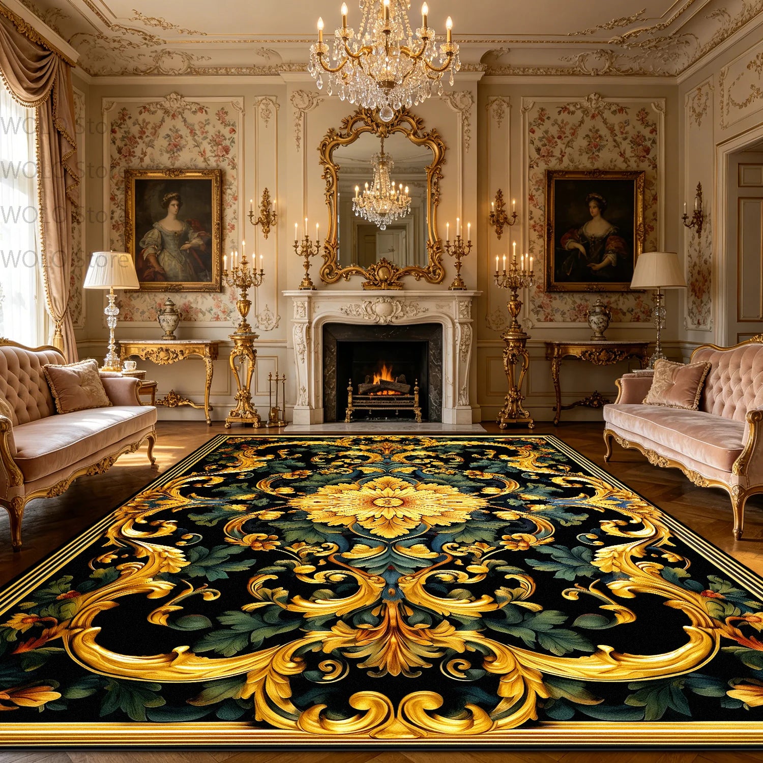 Luxurious Rococo Geometric Area Rug — Gold | KIMLUD