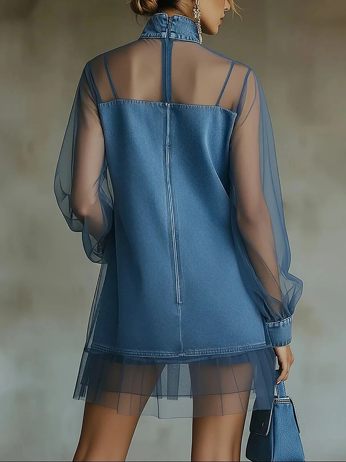 Women's Denim Mesh Patchwork Mini Dress Blue Vintage High Neck Sheer Long Sleeve Ruffle Hem Mesh Sheer Casual Streetwear Dresses