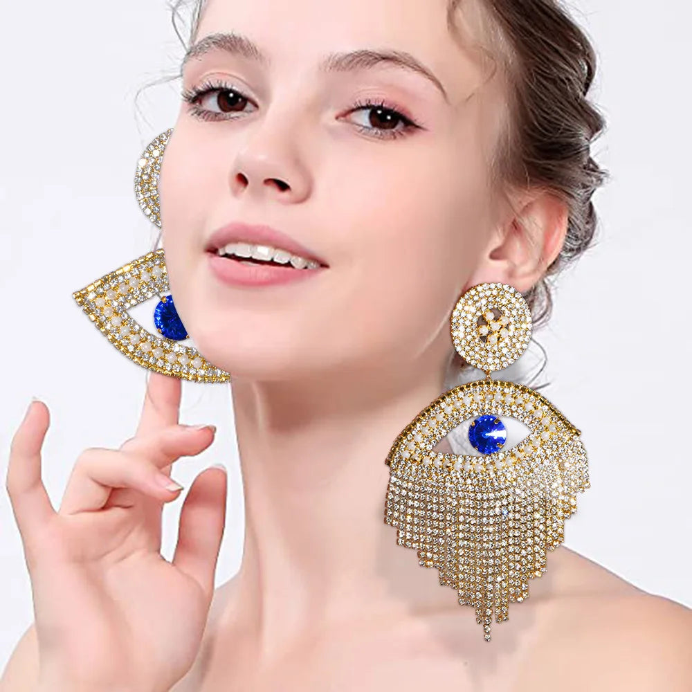 Exaggerated Eye Earrings Rhinestone Tassel — Blue | KIMLUD