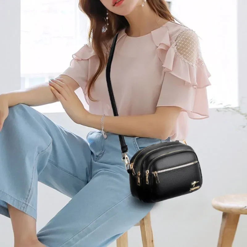 Soft Leather Shoulder Messenger Bag With Multiple Pockets And Wear-Resistant Finish — Black | KIMLUD