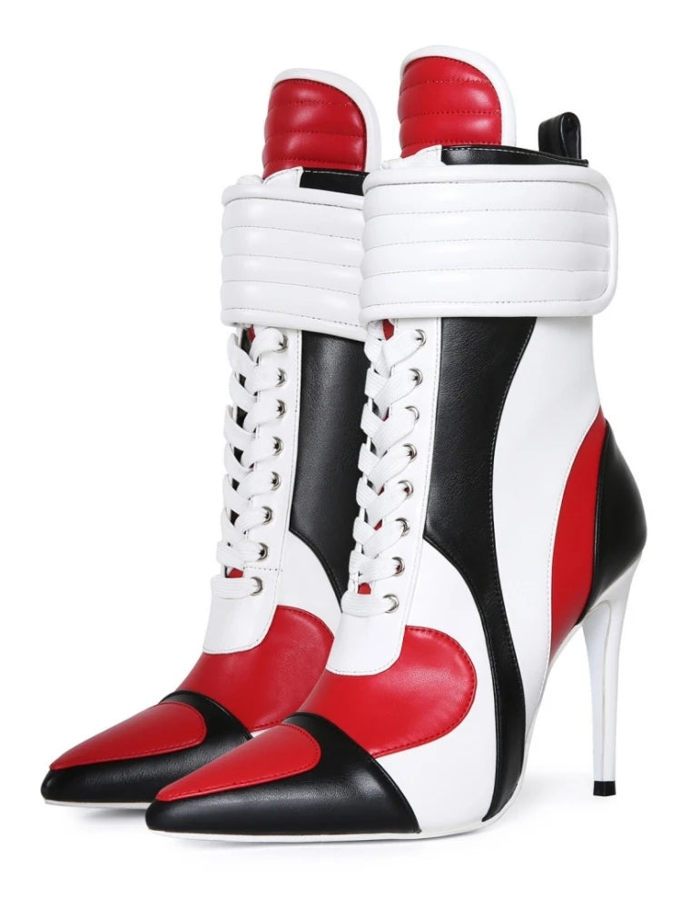 Ankle Boots – Color Block Lace Up – Pointed Toe Stiletto – PU | KIMLUD