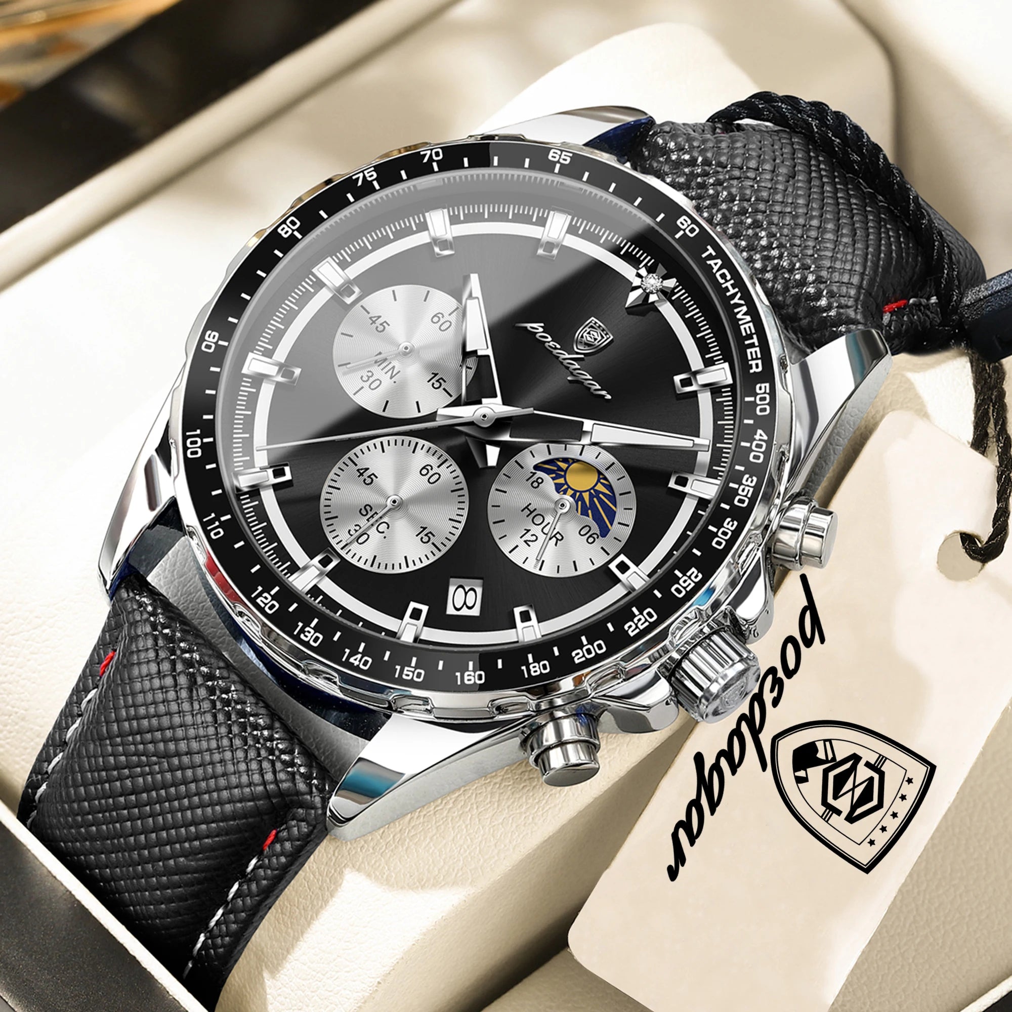 Leather Watch Chronograph Luminous Hands Date Waterproof 3ATM Sport Casual — Silver | KIMLUD