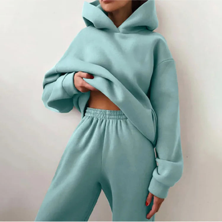 Fleece Hooded Two-Piece Set Cozy Winter Essential — Black | KIMLUD