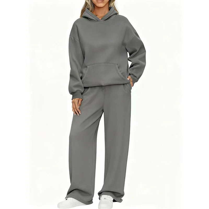 Terry Knit Hoodie Two-Piece Set Relaxed — Black | KIMLUD