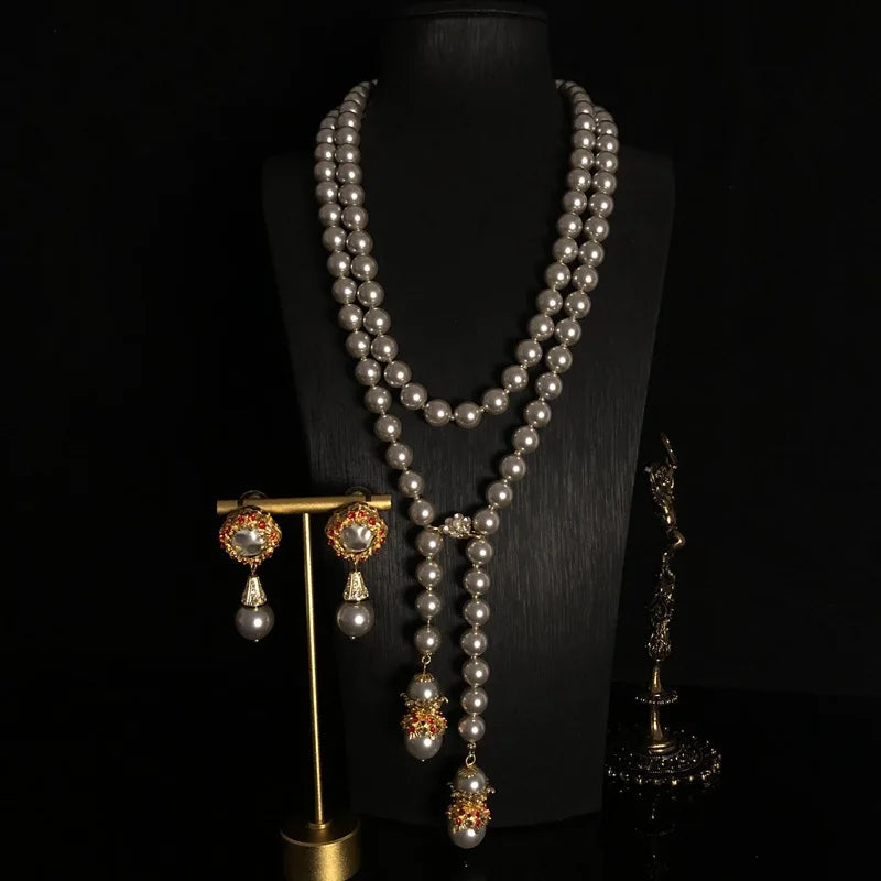 Stylish vintage Baroque exaggerated glass necklace pearl ultra long haute couture women's jewelry sweater Chain earrings set
