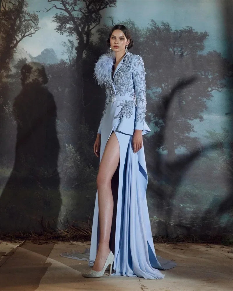 Elgant Feather Wrap Prom Dresses With Belt Hand Made Appliqued Beads Evening Party Gowns 2024 High Side Split Vestidos De Novia