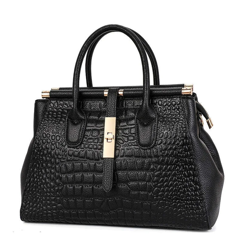 KIMLUD, Aidrani  Genuine leather women's handbag, large capacity crocodile patterned cowhide bag, black, KIMLUD Womens Clothes