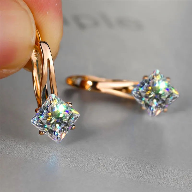 Rose Gold Hoop Earrings Square-Cut Cubic Zirconia — Rose Gold | KIMLUD