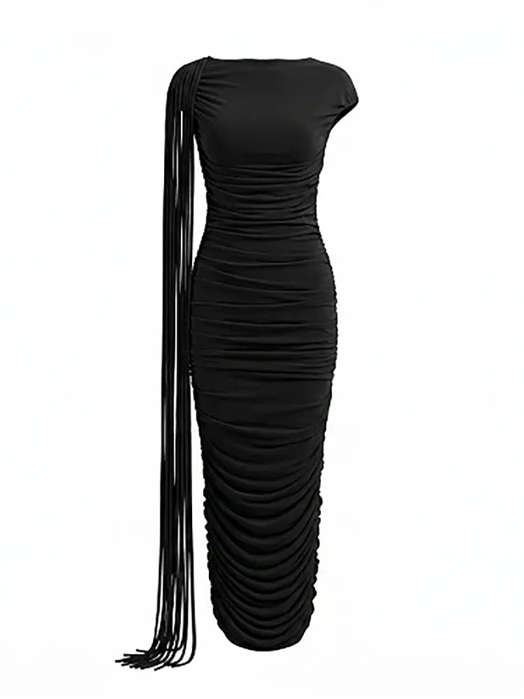 Bodycon Dress – O-Neck Tassel Patchwork – Polyester – Black | KIMLUD