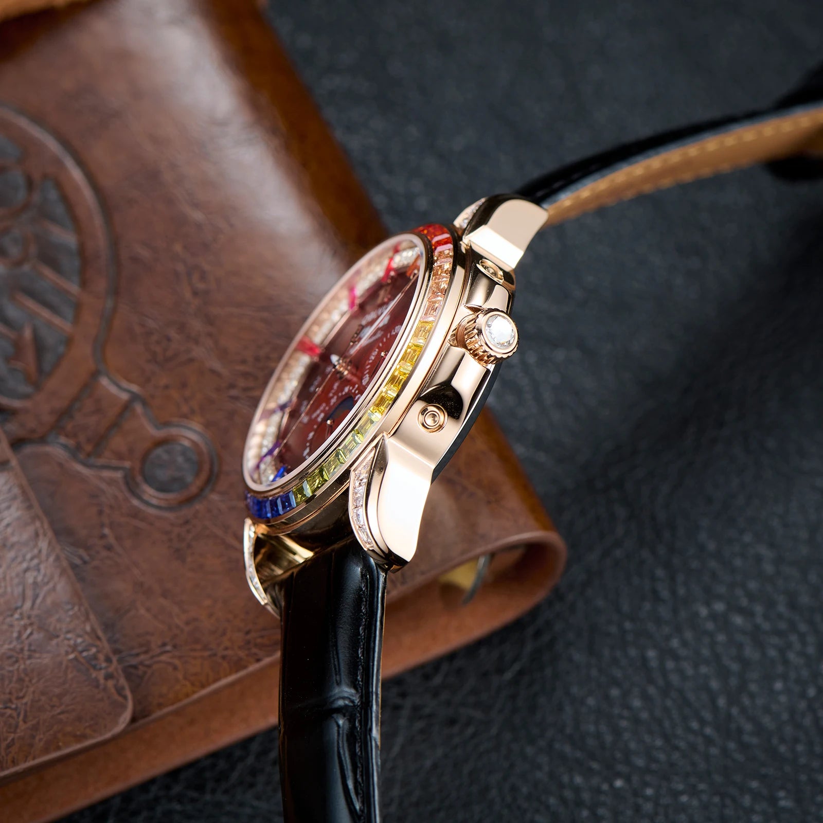 Moonphase Automatic Leather Strap Watch Complete Calendar — Red | KIMLUD