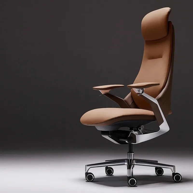 Brown office chair with a dark background