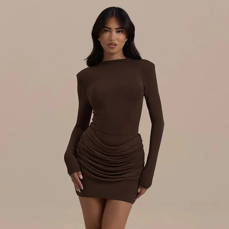 Polyester Pleated Stretch Long Sleeve Dress Gathered Hip Silhouette — Jet Black | KIMLUD