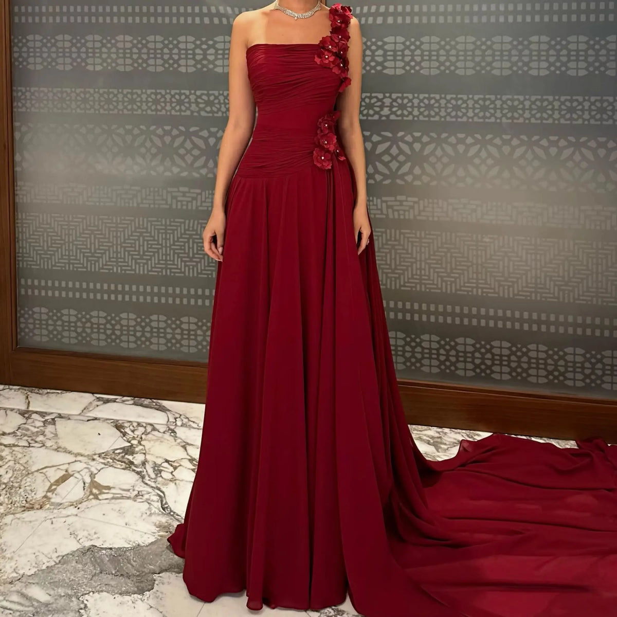 One Shoulder Evening Dress – 3D Floral Appliques – Burgundy | KIMLUD