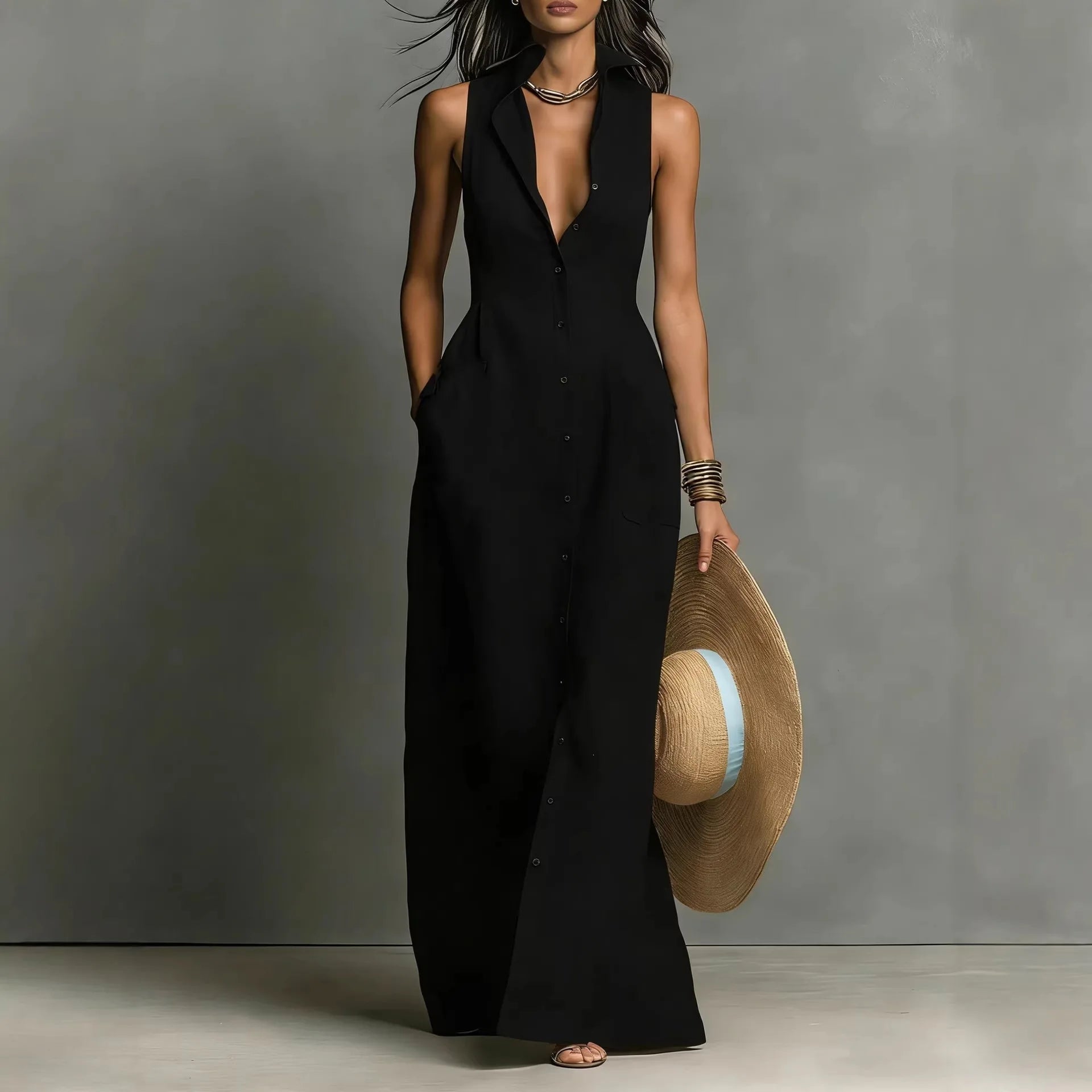 Maxi Dress – Sleeveless Deep V Neck Button Down – Polyester | KIMLUD