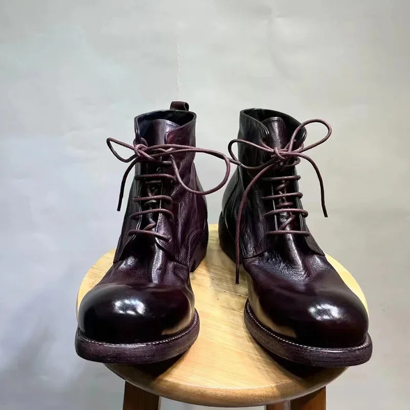 Washed Men's High Top Retro Leather Thick Soled High Rise Short Leather Boots GoodyearHorse Leather Shoes Worn